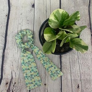 Blue and Green Floral Print Tie Scrunchie